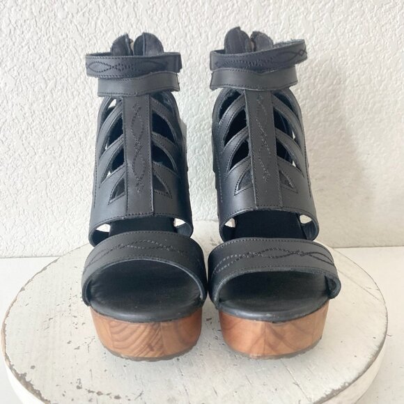 Lane Boots BECCA Womens Black Wedges 8.5 Western Sandals Cowgirl Wooden Heels - Picture 5 of 11